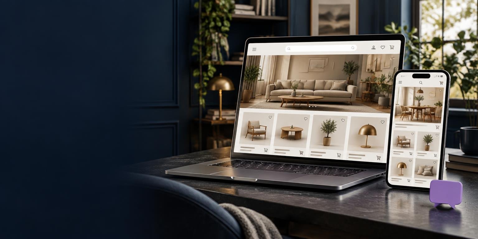 WooCommerce furniture store displayed on laptop and phone